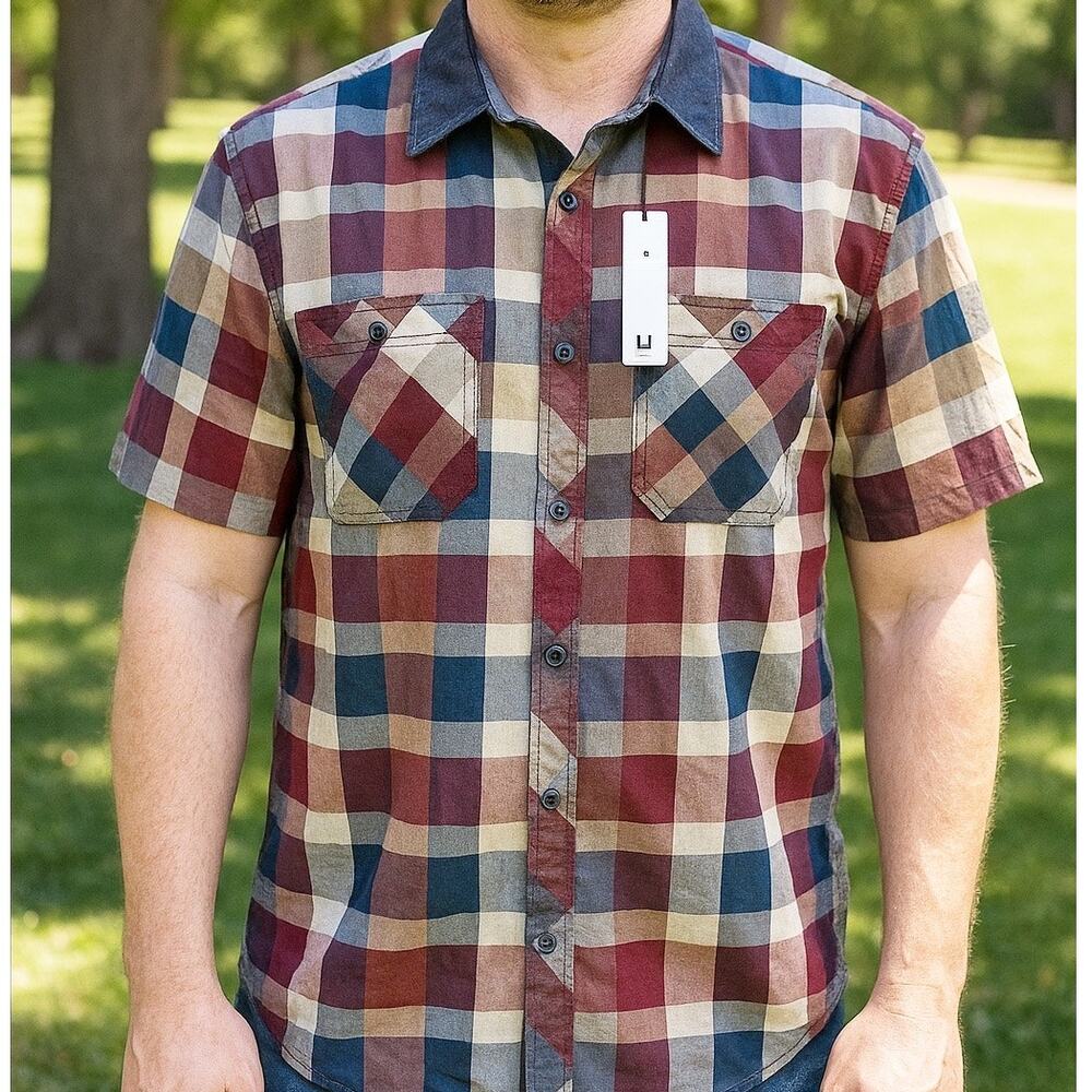 i Jeans by Buffalo Shirt Mens XXL Button Up Plaid NWT Short Sleeve Cotton